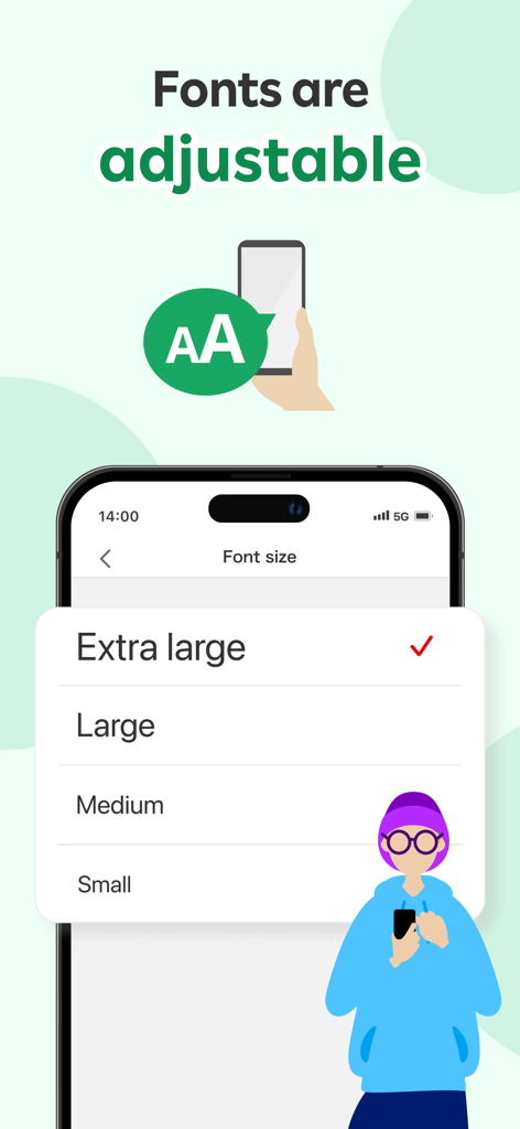 Rakuten Card Lite - Adjustable font size settings in the Rakuten Card Lite app showing options for extra large, large, medium, and small text.