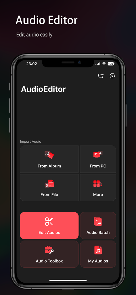 Audio Editor - Music editor - Main menu of Audio Editor app showing audio import and editing tools on a dark interface.