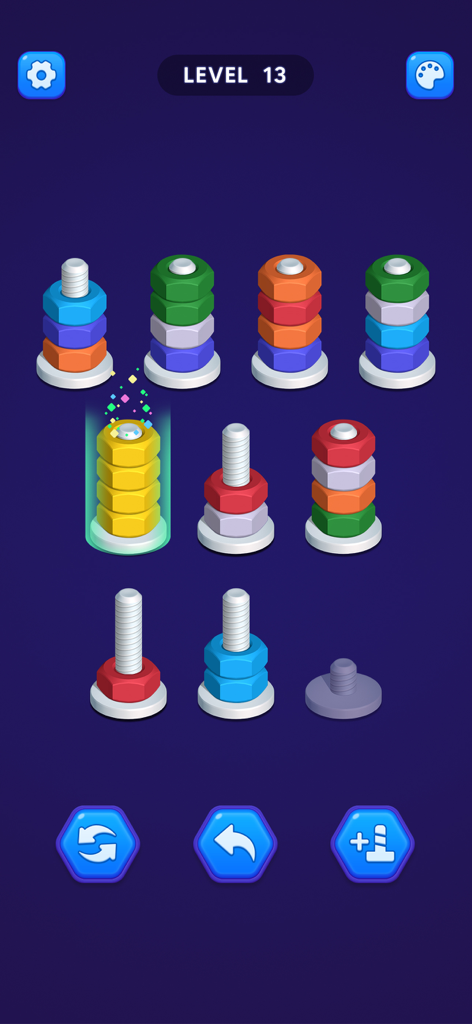 A mobile puzzle game screen showing colorful hexagonal nuts being sorted onto silver bolts