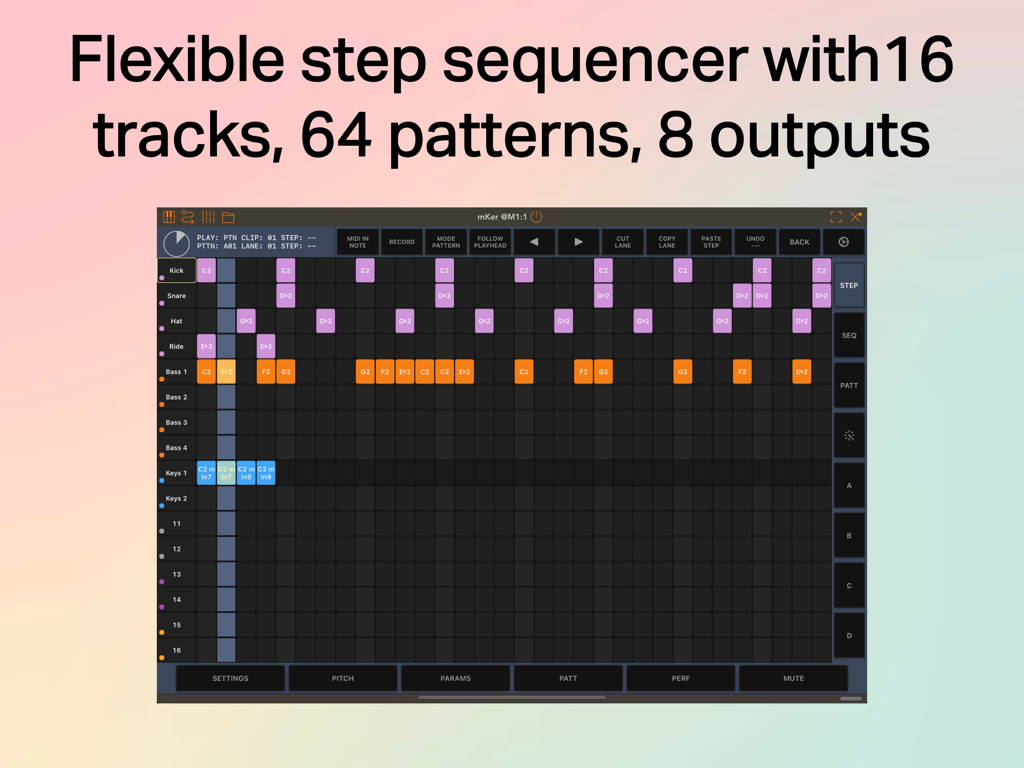 mKer - mKer app interface showing a flexible 16 track MIDI step sequencer