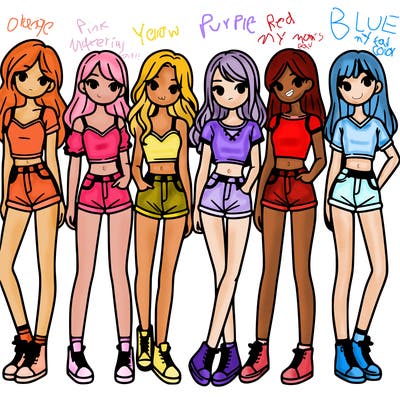 a group of girls wearing crop tops and shorts