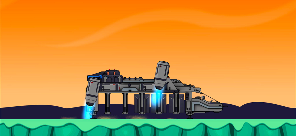 Random Space: Survival - A modular spacecraft landing on an alien planet surface with thrusters firing under an orange sky.