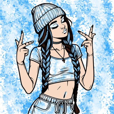 realistic teenage girl with braids and a beanie and crop top doing 🫶🏼