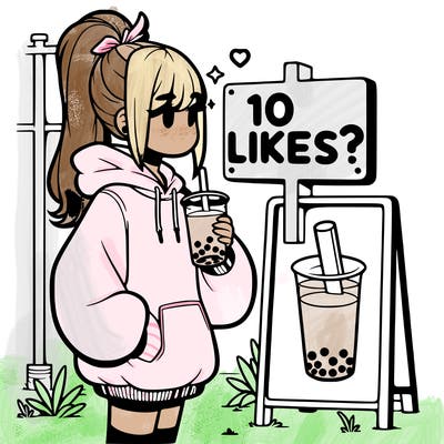 girl with oversized hoodie drinking boba and she has a high ponytail with a sign that says 10likes?