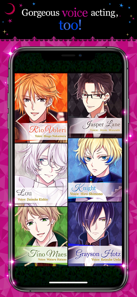 Tarjetas de personajes de Court of Darkness que muestran varios príncipes y sus actores de voz japoneses.