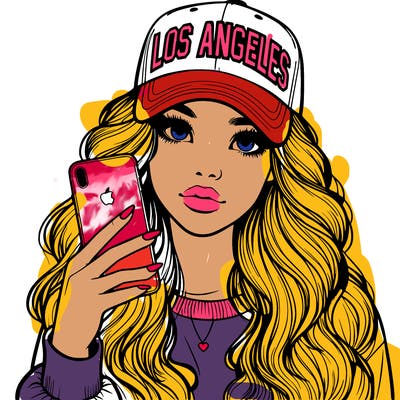 realistic beautiful girl wearing los ángeles cap holding an iphone