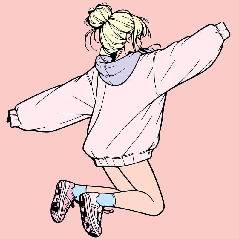 realistic girl jumping with a bun and oversized sweatshirt