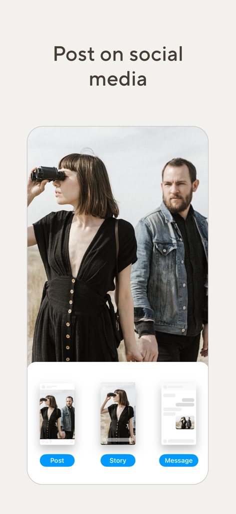 Pic-Time - Interface do aplicativo Pic-Time mostrando opções para compartilhar fotografias profissionais como uma postagem de mídia social, story ou mensagem