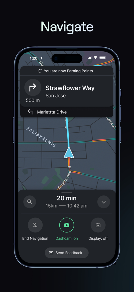NATIX Drive& - The navigation screen of the NATIX Drive app showing a map with driving directions and an earning points notification.