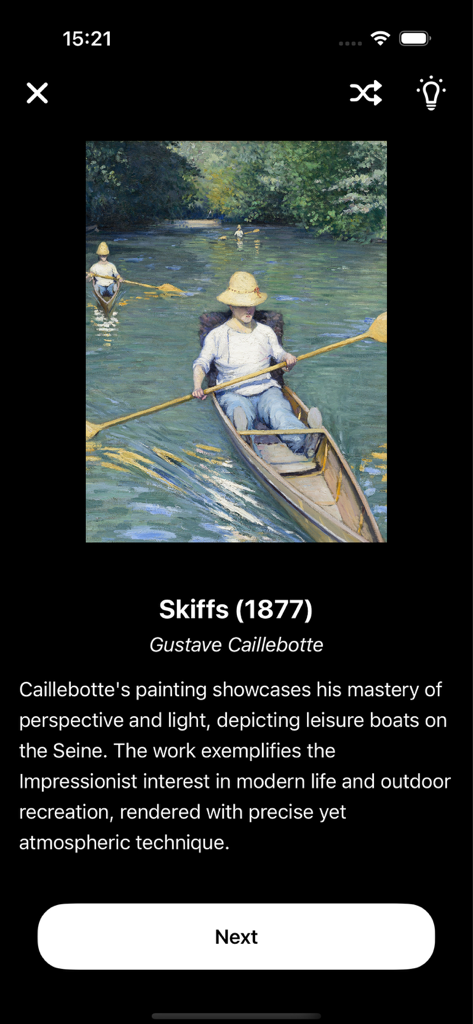 Art Puzzle: Unwind - Famous painting Skiffs by Gustave Caillebotte with a description of the artwork in the Art Puzzle Unwind app