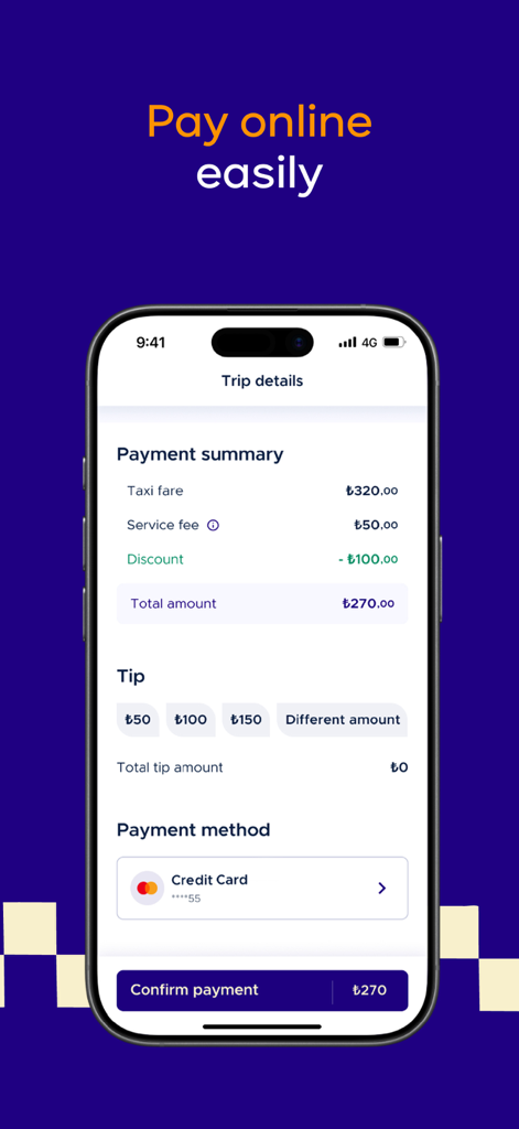 BiTaksi mobile app screen showing a payment summary with taxi fare, tip options, and secure credit card payment method