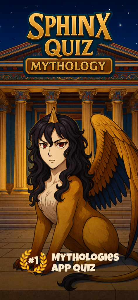 Sphinx Quiz Mythology - Main title screen for Sphinx Quiz Mythology showing a female sphinx character in front of a Greek temple under a starry sky.