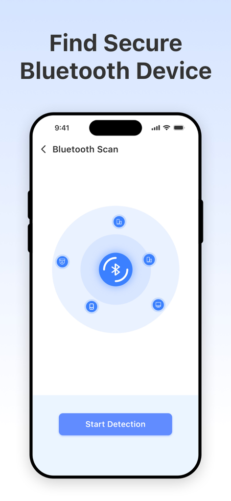 Camera Connect - Home Security - Una interfaz de smartphone que muestra una pantalla de escaneo Bluetooth con una animación estilo radar para detectar dispositivos electrónicos cercanos.