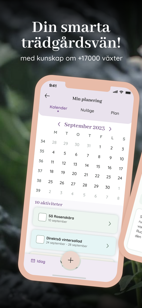 Smartphone-Bildschirm, der den Gartenkalender der Oh Garden App und die saisonalen Pflanzaufgabenliste anzeigt