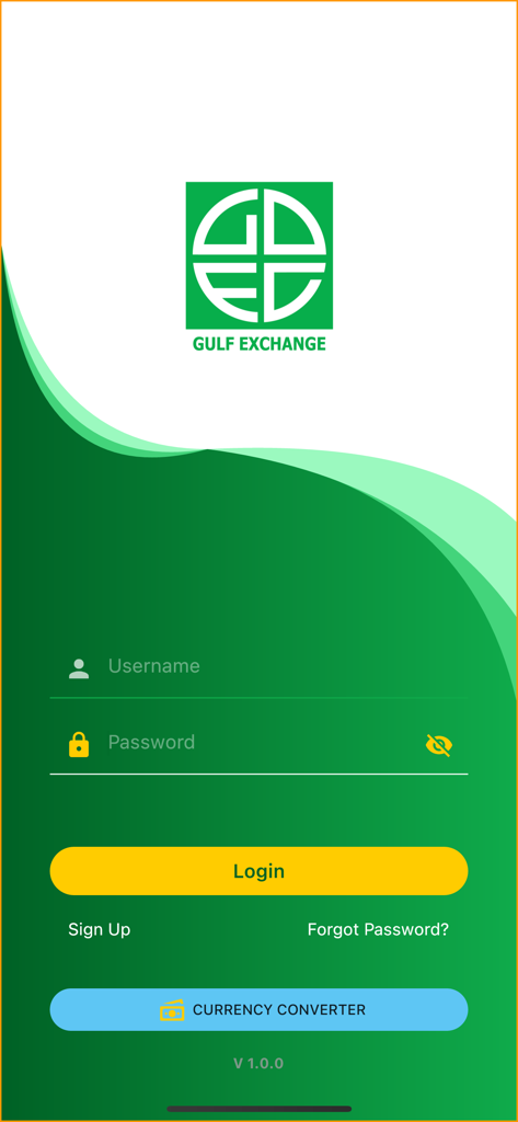 Gulf Exchange - Gulf Exchange mobile app login screen with username and password fields and currency converter button