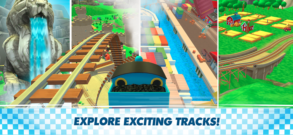 A montage of four different train racing tracks including a waterfall, castle, docks, and countryside.