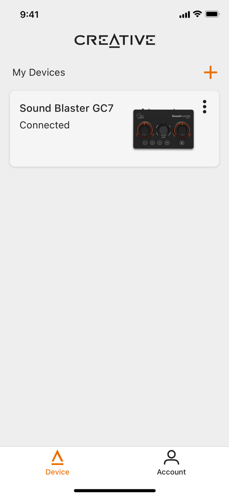 Screenshot of the Creative app My Devices screen displaying a connected Sound Blaster GC7 device.
