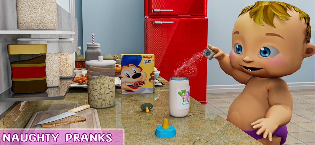 Baby Simulator Family Prank - Un bebé animado en 3D vertiendo sal en una bebida en una cocina durante una broma traviesa