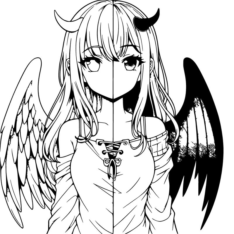 realistic, anime angel, half devil girl