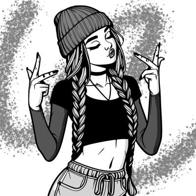 realistic teenage girl with braids and a beanie and crop top doing 🫶🏼