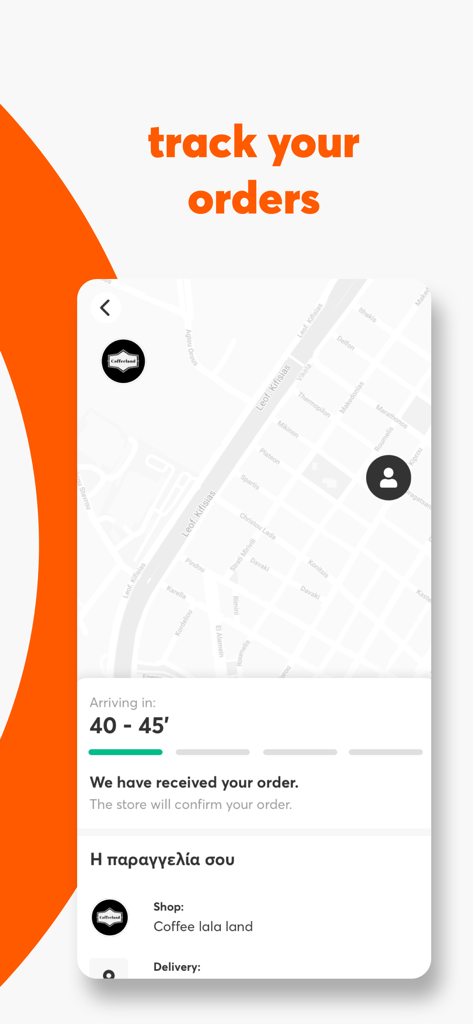 Foody Cyprus - Food Delivery - Schermata dell'app Foody Cipro che mostra il tracciamento dell'ordine in tempo reale su una mappa con orario di consegna stimato