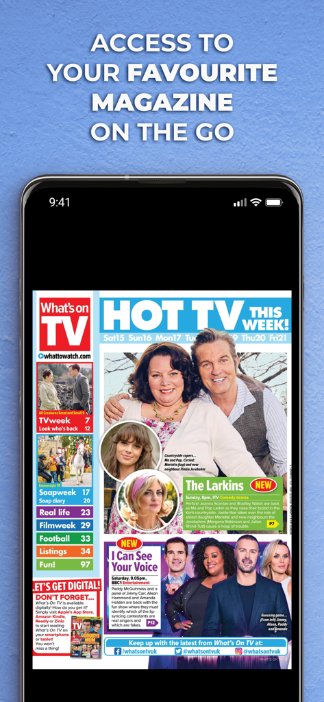 What's on TV Magazine - A smartphone screen displaying the digital version of What's on TV Magazine featuring weekly highlights and soap opera news