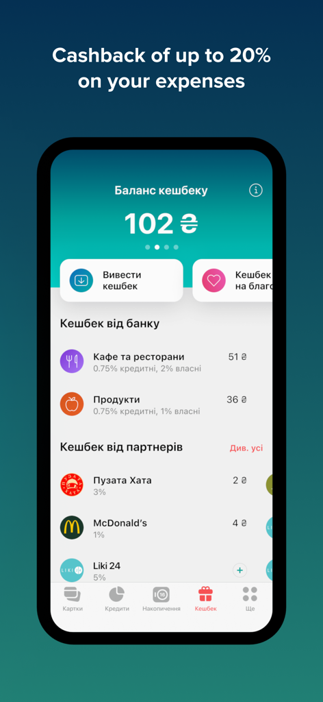 Captura de pantalla de la aplicación móvil monobank que muestra la interfaz de recompensas de cashback y el saldo en hryvnia ucraniano