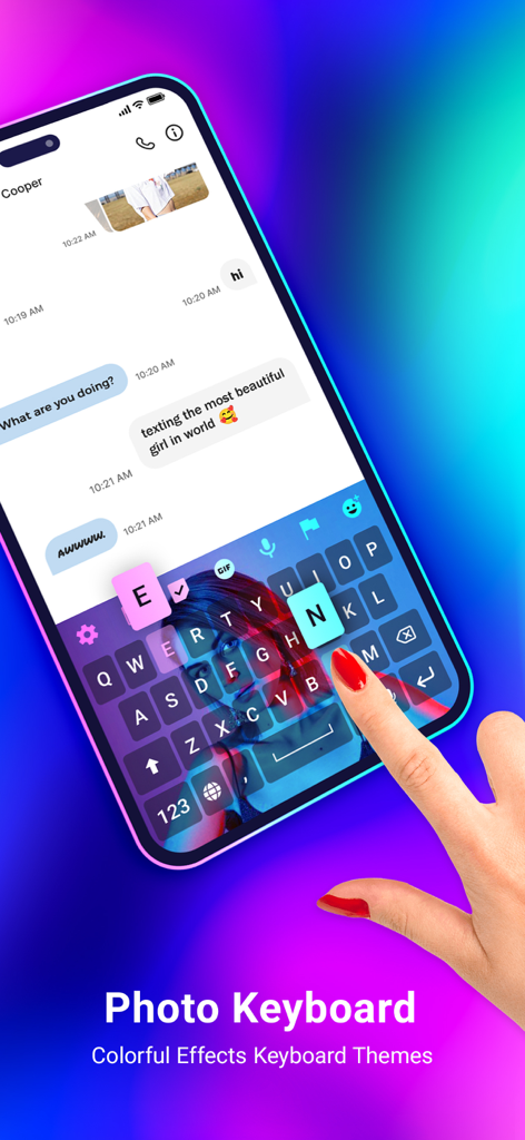 Neon Love Theme - A hand typing on a personalized photo keyboard with neon colored keys on a smartphone