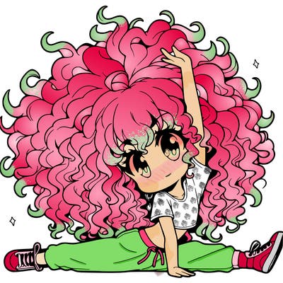 an anime girl with really curly hair doing a split in the air