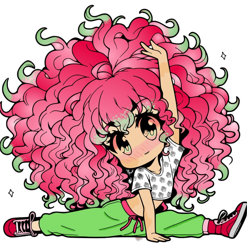 an anime girl with really curly hair doing a split in the air