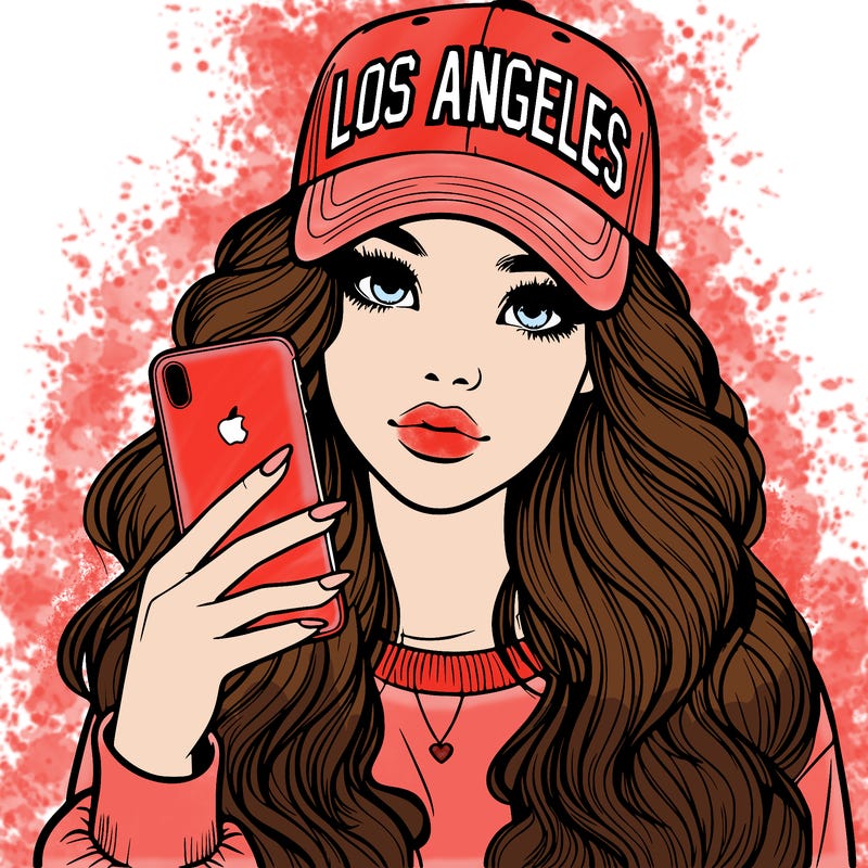 realistic beautiful girl wearing los ángeles cap holding an iphone