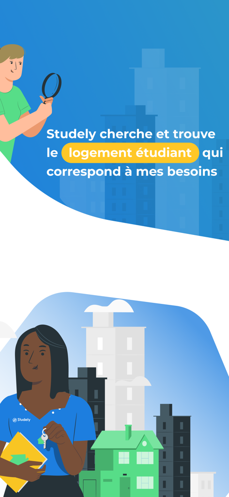Illustration of Studely app service finding student accommodation in a city environment