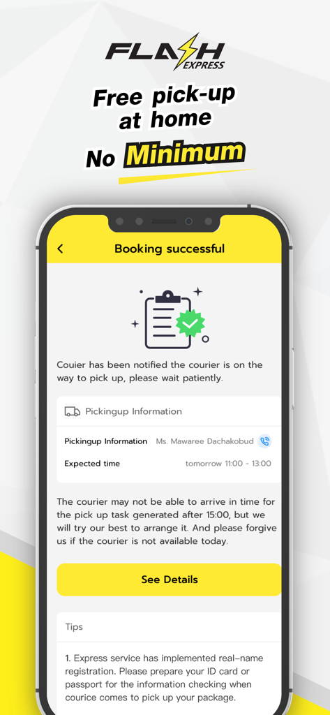 Flash Express PH app screenshot showing a successful booking message for free home pick-up with no minimum parcel requirement.