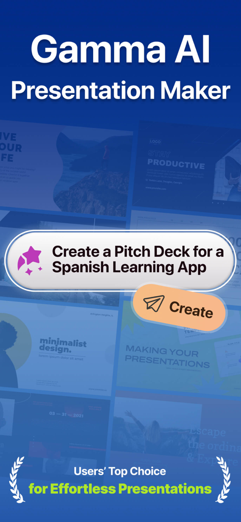 Gamma: AI Presentation Maker - Interfaz de la aplicación Gamma AI que muestra una indicación para crear una presentación de lanzamiento para una aplicación de aprendizaje de español