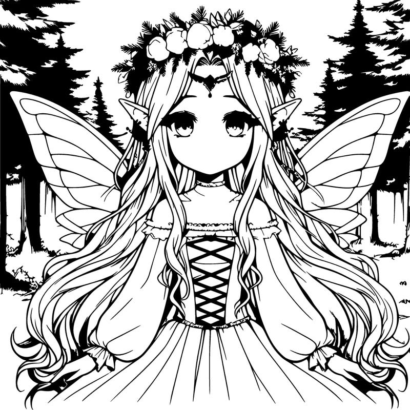 one cute realistic manga elf girl with a crown of flowers and fairy wings and long hair in a pinewood forest