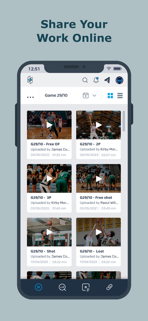 Nacsport Hub - Nacsport Hub app interface displaying a grid of shared basketball video clips for sports tactical analysis and team collaboration.