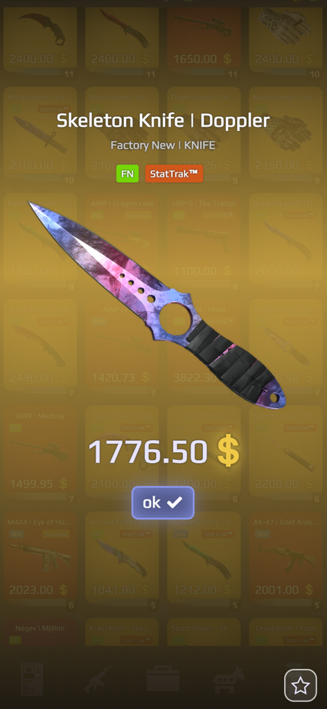 Una skin Skeleton Knife Doppler valorada en 1776,50 dólares en la aplicación simuladora Case Royale.