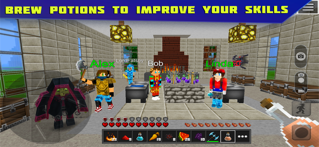 Personajes multijugador elaborando pociones en un juego sandbox de construcción de bloques para mejorar habilidades