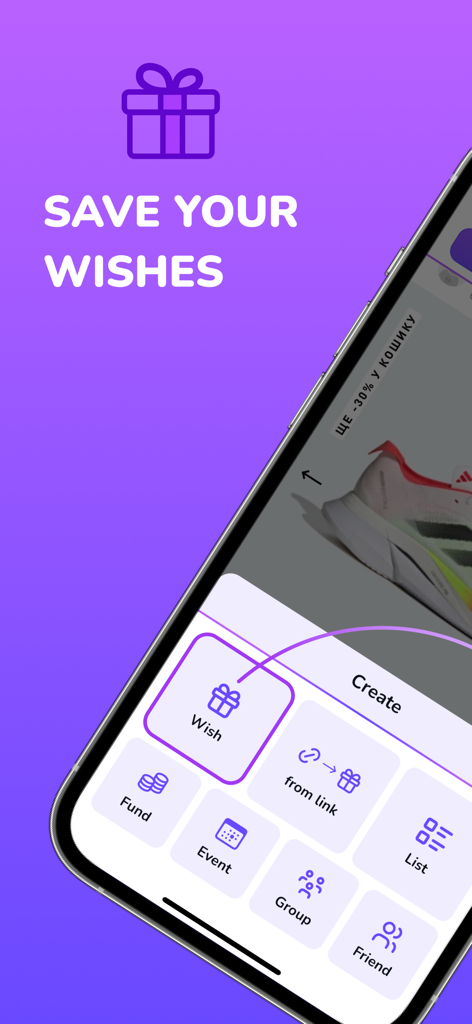 Una pantalla de la app Planificador de Listas de Deseos WishSpace que muestra opciones para crear deseos, fondos, eventos y listas.
