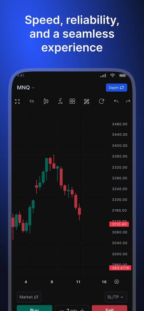 tradesea - Application mobile tradeSea affichant un graphique en chandeliers professionnel et des contrôles de trading actifs