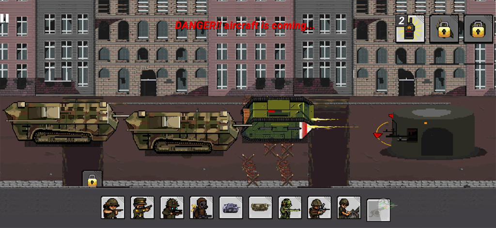 Juego de estrategia de la Primera Guerra Mundial en pixel art que muestra tanques atacando una fortificación enemiga