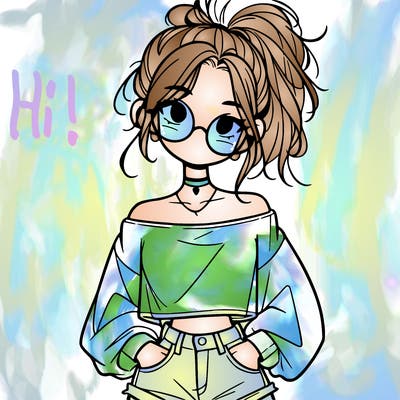 girl with a messy ponytail glasses a baggy crop top and jean shorts