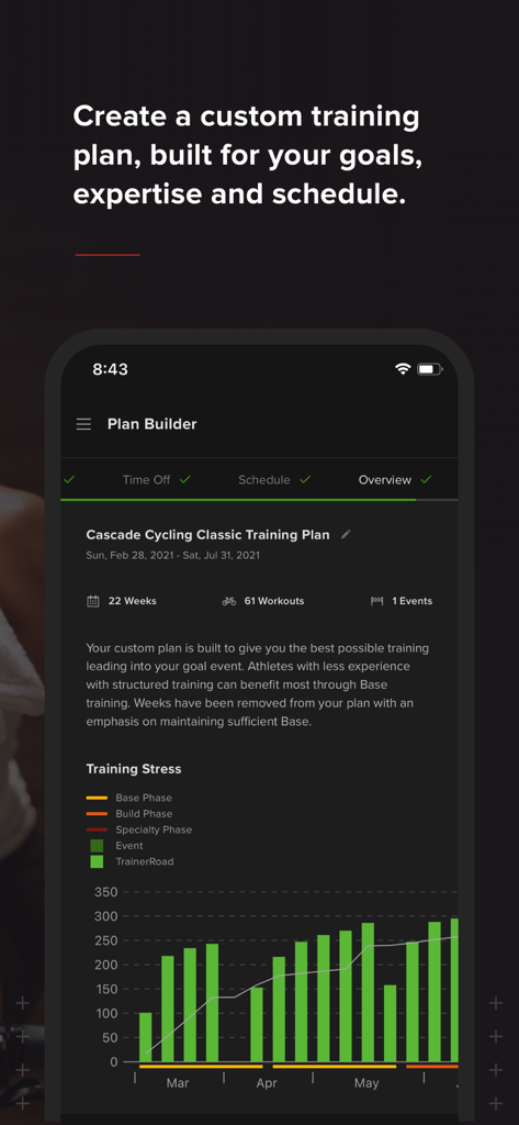 TrainerRoad - TrainerRoad app interface showing the Plan Builder feature with a 22-week custom cycling training plan and a training stress data graph.