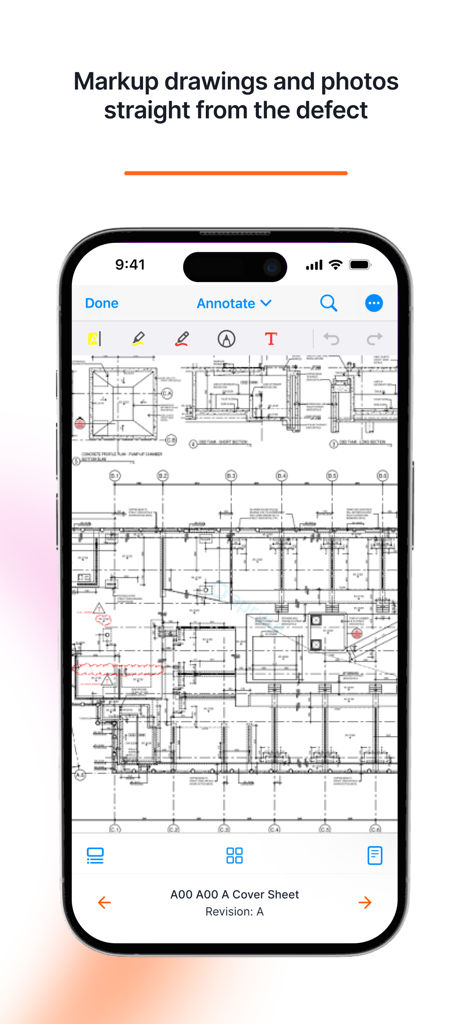 Commnia - Interfaz de la aplicación móvil Commnia que muestra un dibujo técnico de construcción con herramientas de marcado y anotación.
