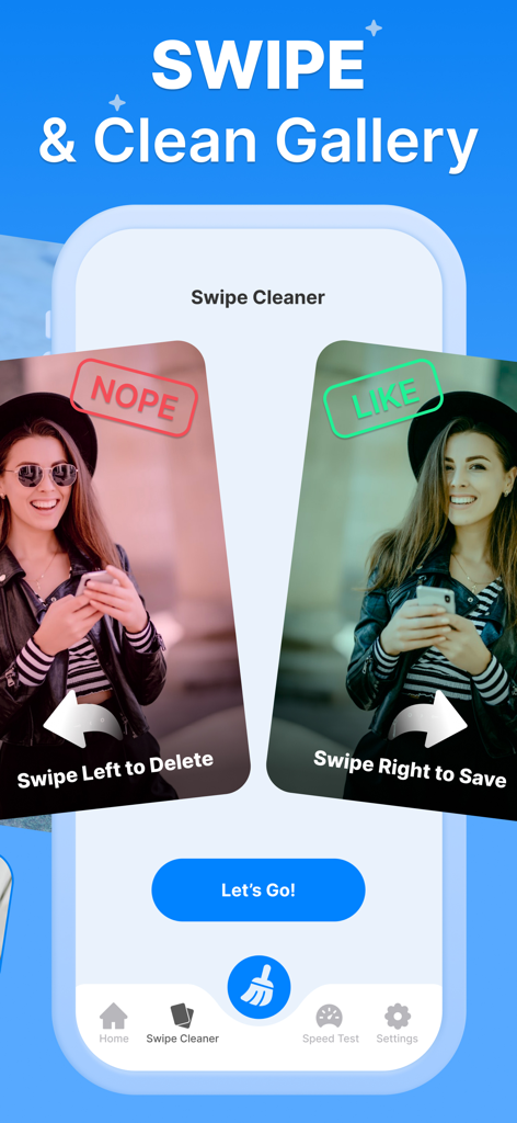 Smart Cleaner: Clean Up Fast - Smart Cleaner app interface showing swipe left to delete and swipe right to save photos feature