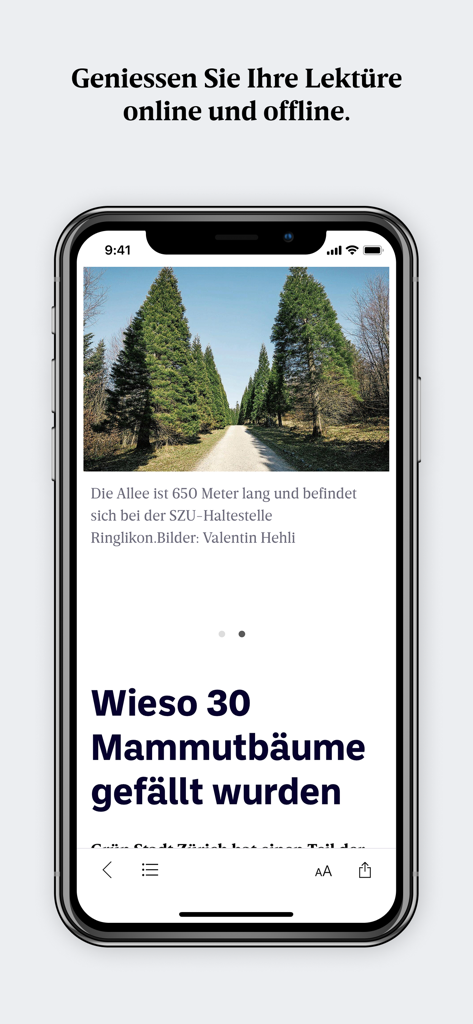 Limmattaler Zeitung E-Paper - Limmattaler Zeitung E-Paper App zeigt einen digitalen Nachrichtenartikel auf einem iPhone mit Optionen für Online- und Offline-Lesen.