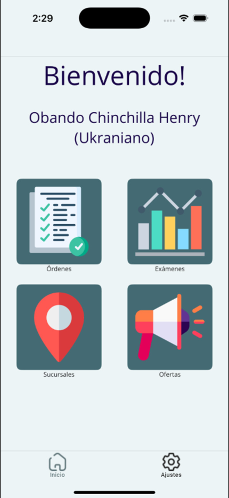 Laboratorio Clinico Laboratus - Main dashboard of the Laboratus medical app in Spanish featuring menu options for clinical orders, exam results, lab locations, and special offers.