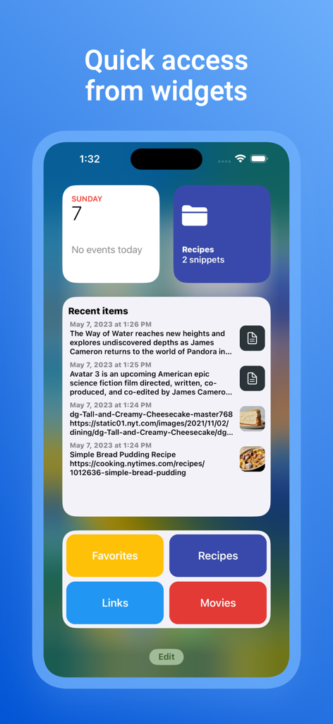 Clipboard Manager - Pycopaste - Pantalla de inicio del iPhone con widgets de Pycopaste para acceso rápido a elementos recientes del portapapeles y categorías de fragmentos.