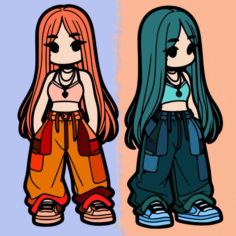 girl in baggy pants crop top and long hair