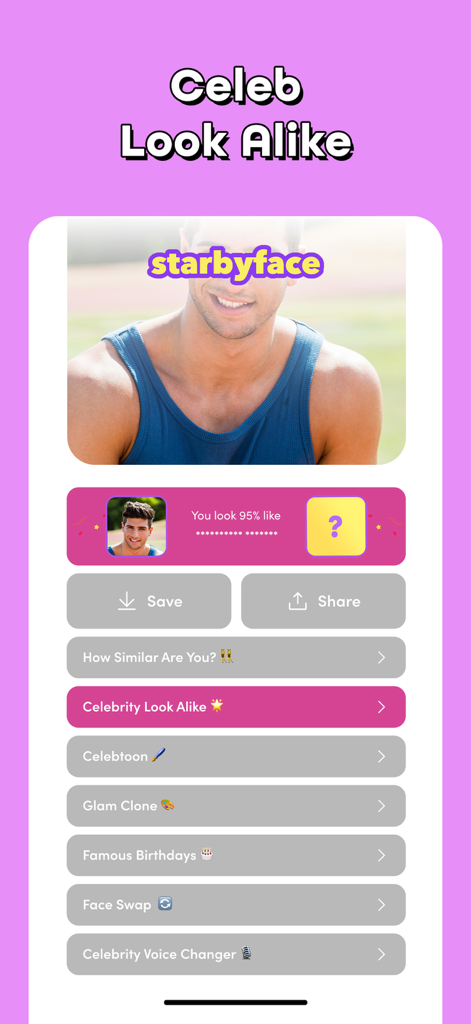 Star by Face·Celeb Lookalike - Interfaz principal de la app Star by Face que muestra resultados de parecidos de celebridades y opciones de coincidencia facial con IA